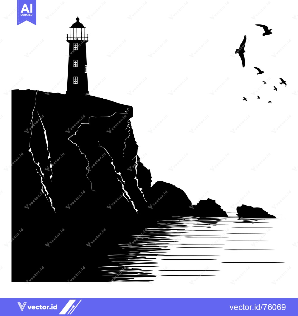 Premium Vector dari Lighthouse on a Cliff with Birds Flying Overhead