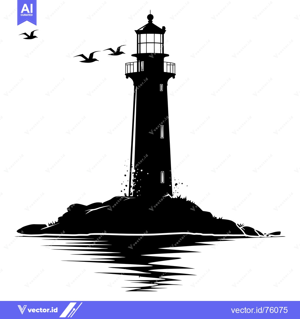 Premium Vector dari A Black and White Silhouette of a Lighthouse on a Rocky Island with Bi