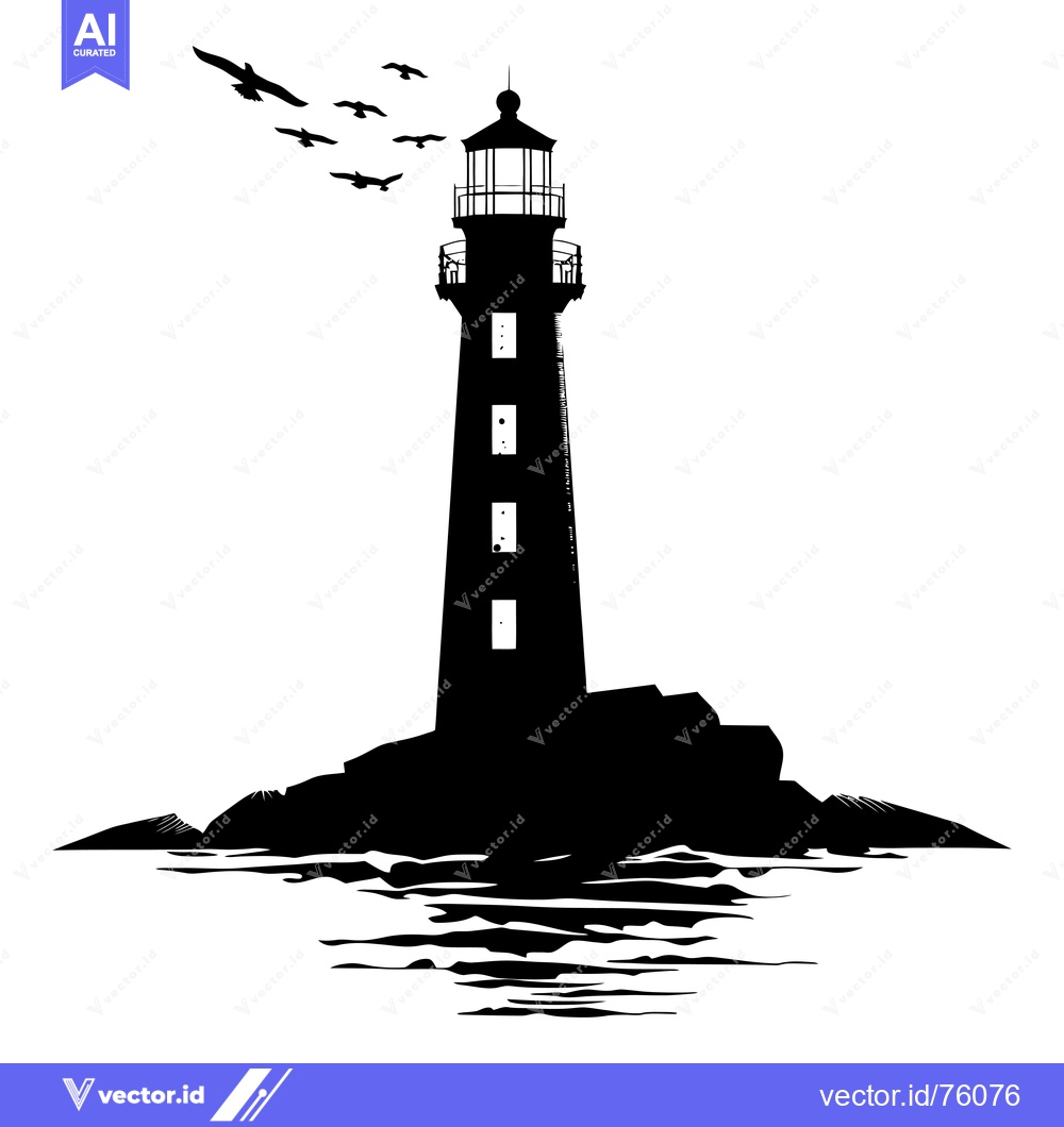 Premium Vector of Silhouette of a Lighthouse on a Rocky Shore with Birds Flying Overhead