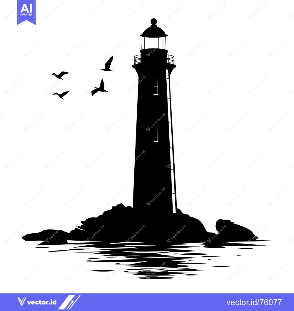 Premium Vector dari Silhouette of a lighthouse on a rocky shore with seagulls flying overh