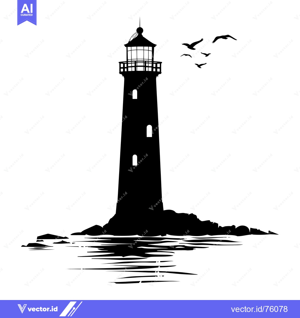 Premium Vector dari Silhouette of a Lighthouse on a Rocky Coast with Birds Flying Overhead