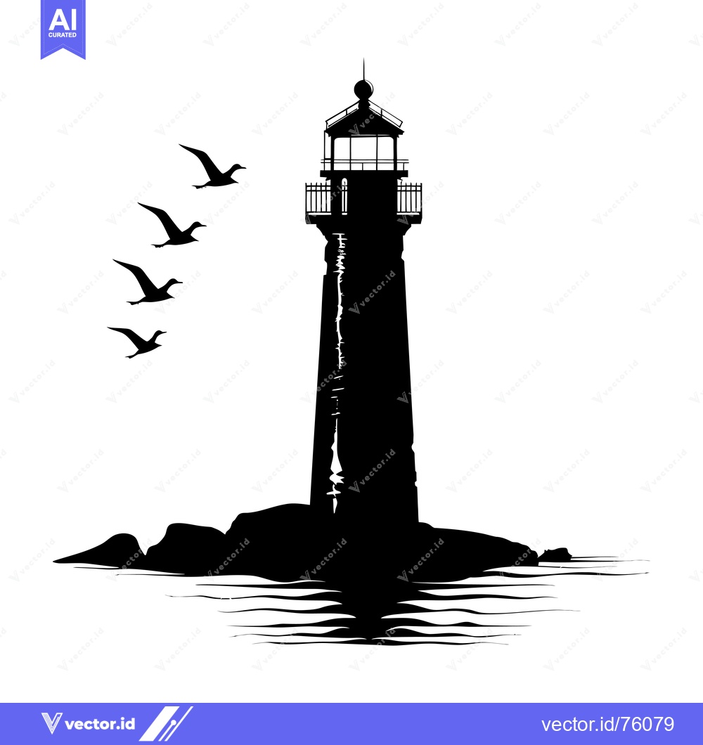 Premium Vector dari Silhouette of a Lighthouse on a Rocky Shore with Flying Birds