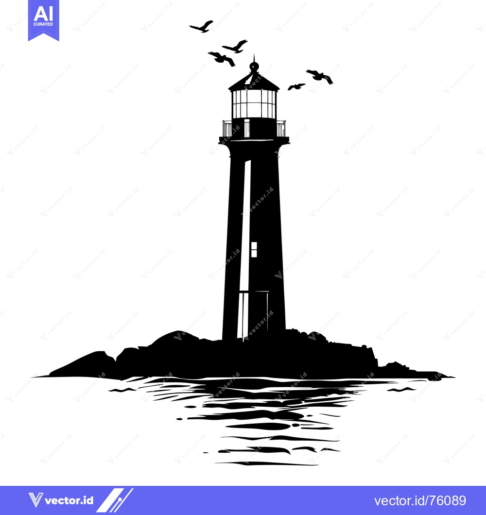 Premium Vector dari Silhouette of a Lighthouse on a Rocky Coast with Birds Flying Overhead