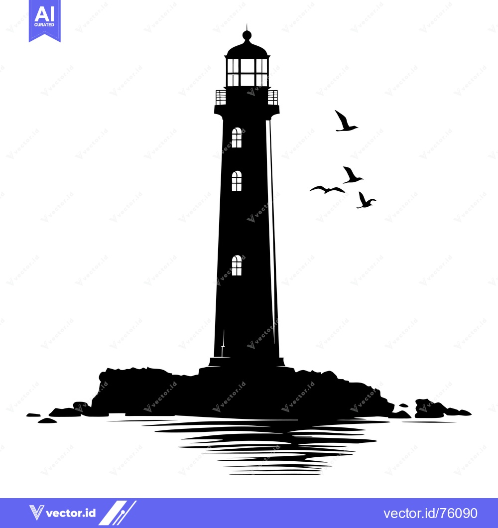 Premium Vector of Silhouette of a Lighthouse on a Rocky Outcropping with Seagulls Flying