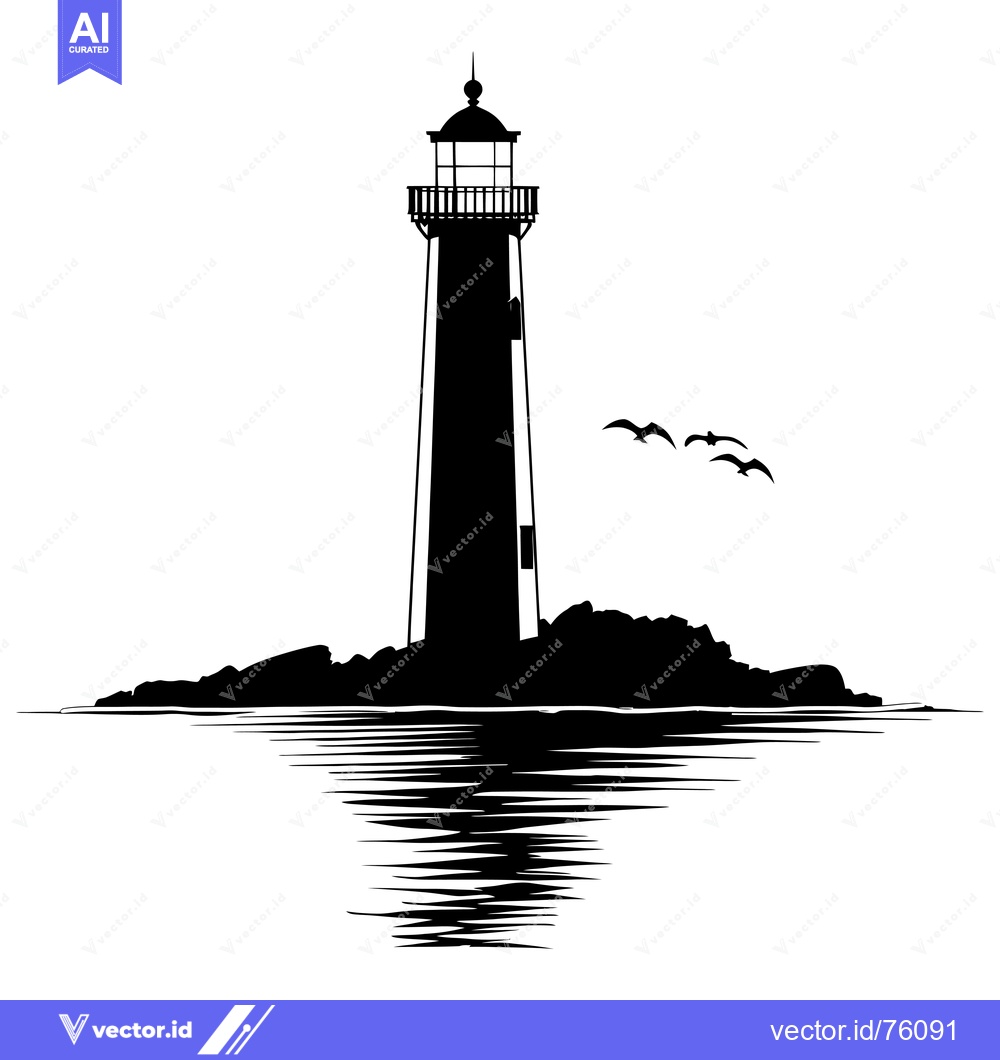 Premium Vector dari Black and White Silhouette of a Lighthouse on a Rocky Outcropping with