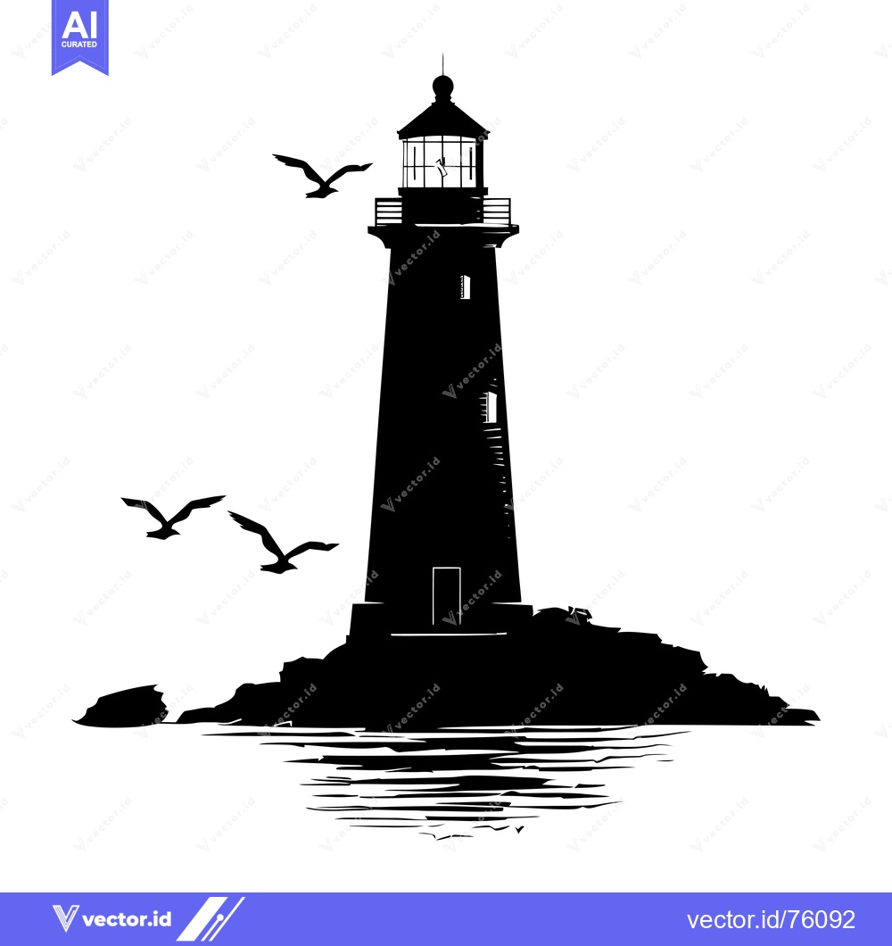 Premium Vector dari Silhouette of a lighthouse on a rocky coast with seagulls flying overh