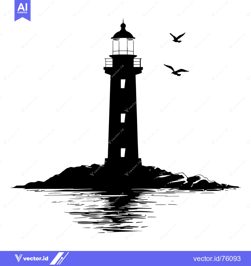Premium Vector of Silhouette of a lighthouse on a rocky island with seagulls flying over