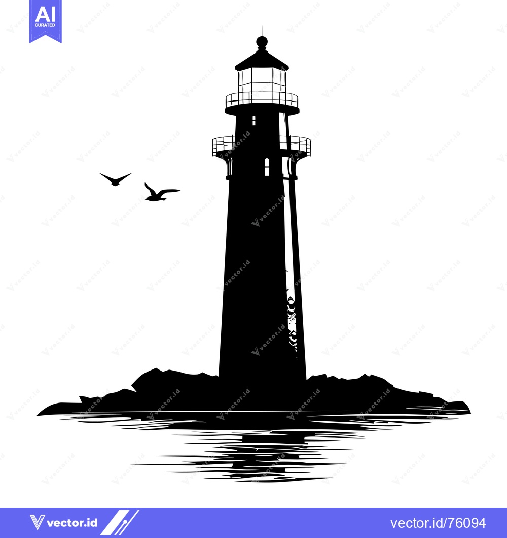 Premium Vector dari Black and White Silhouette of a Lighthouse on a Rocky Outcropping with