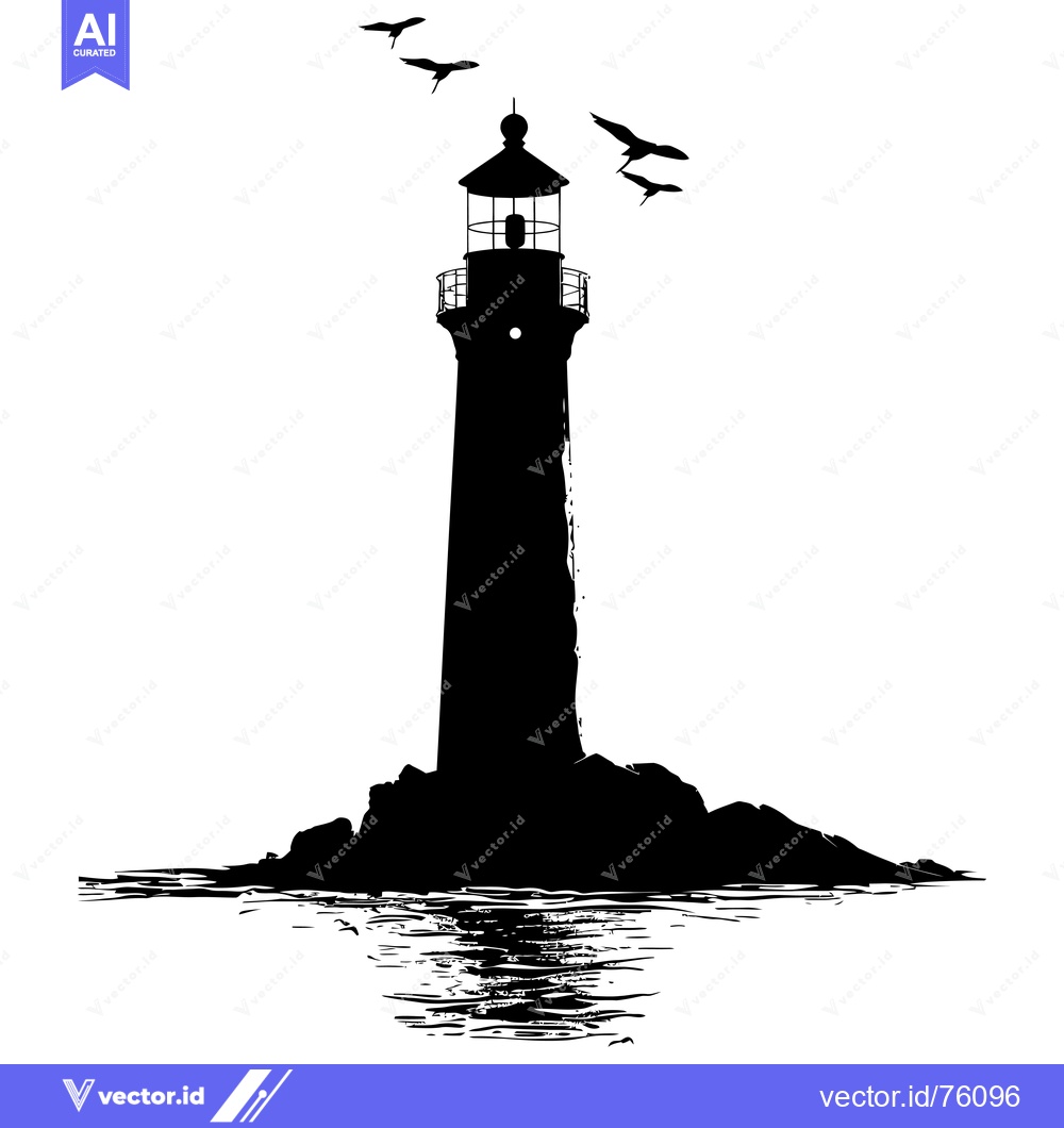 Premium Vector of Black and White Silhouette of a Lighthouse on a Rocky Island with Bird