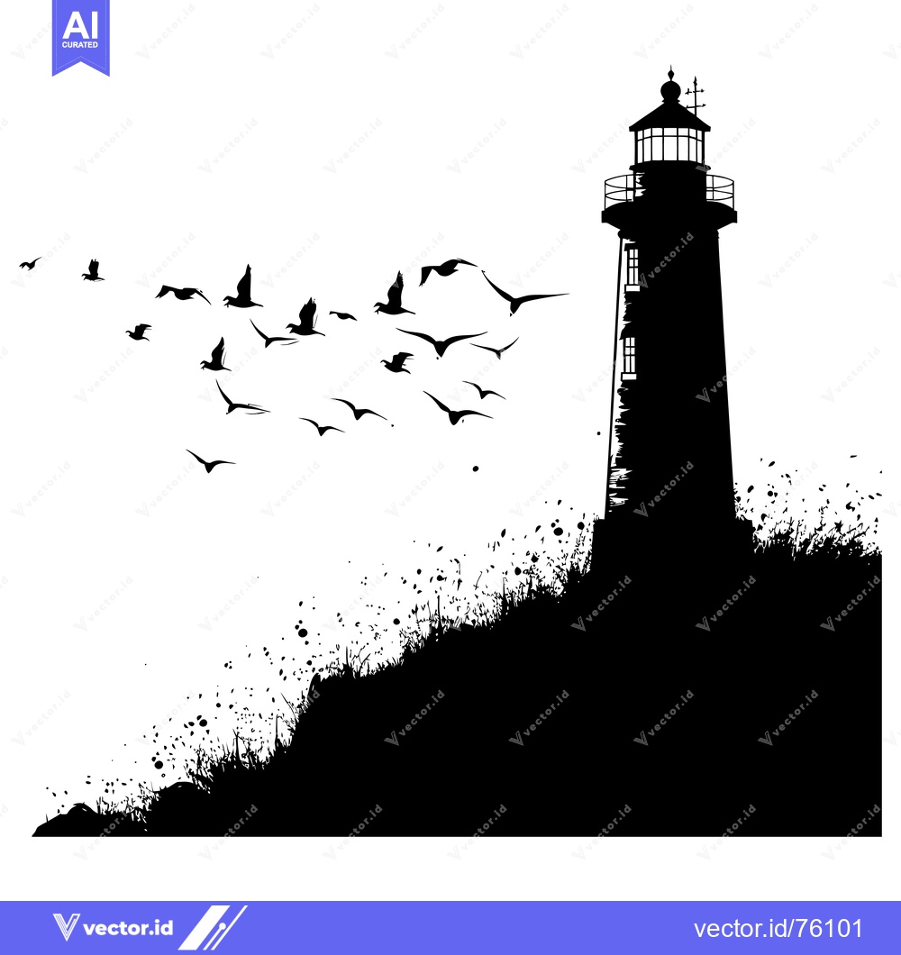 Premium Vector dari Silhouette of a Lighthouse with Flying Birds on a Cliff
