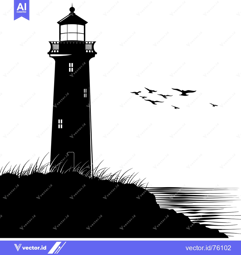 Premium Vector of Silhouette of a Lighthouse on a Cliff with Birds Flying Overhead