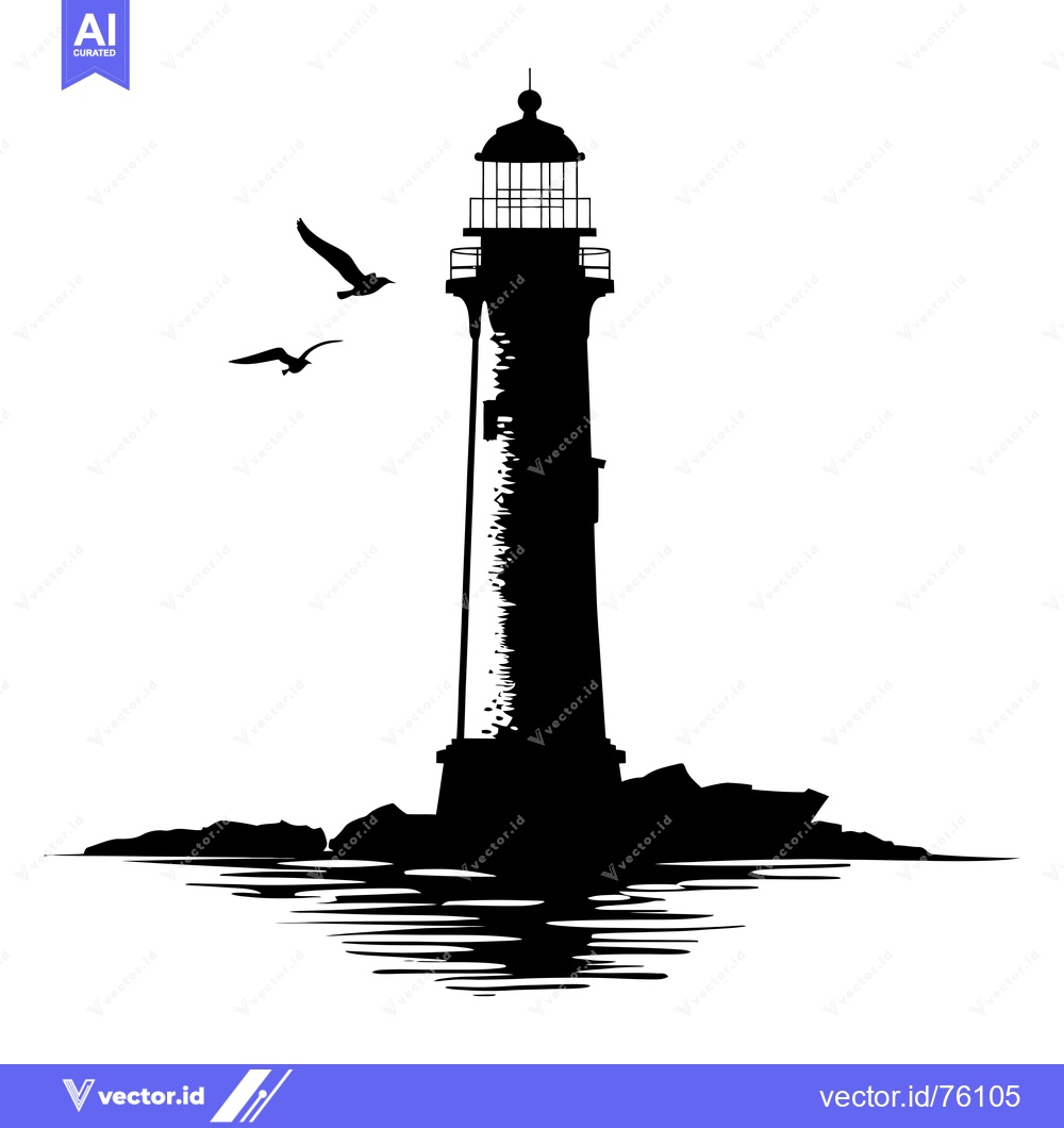 Premium Vector of Black Silhouette of a Lighthouse on the Coast with Birds Flying Overhe