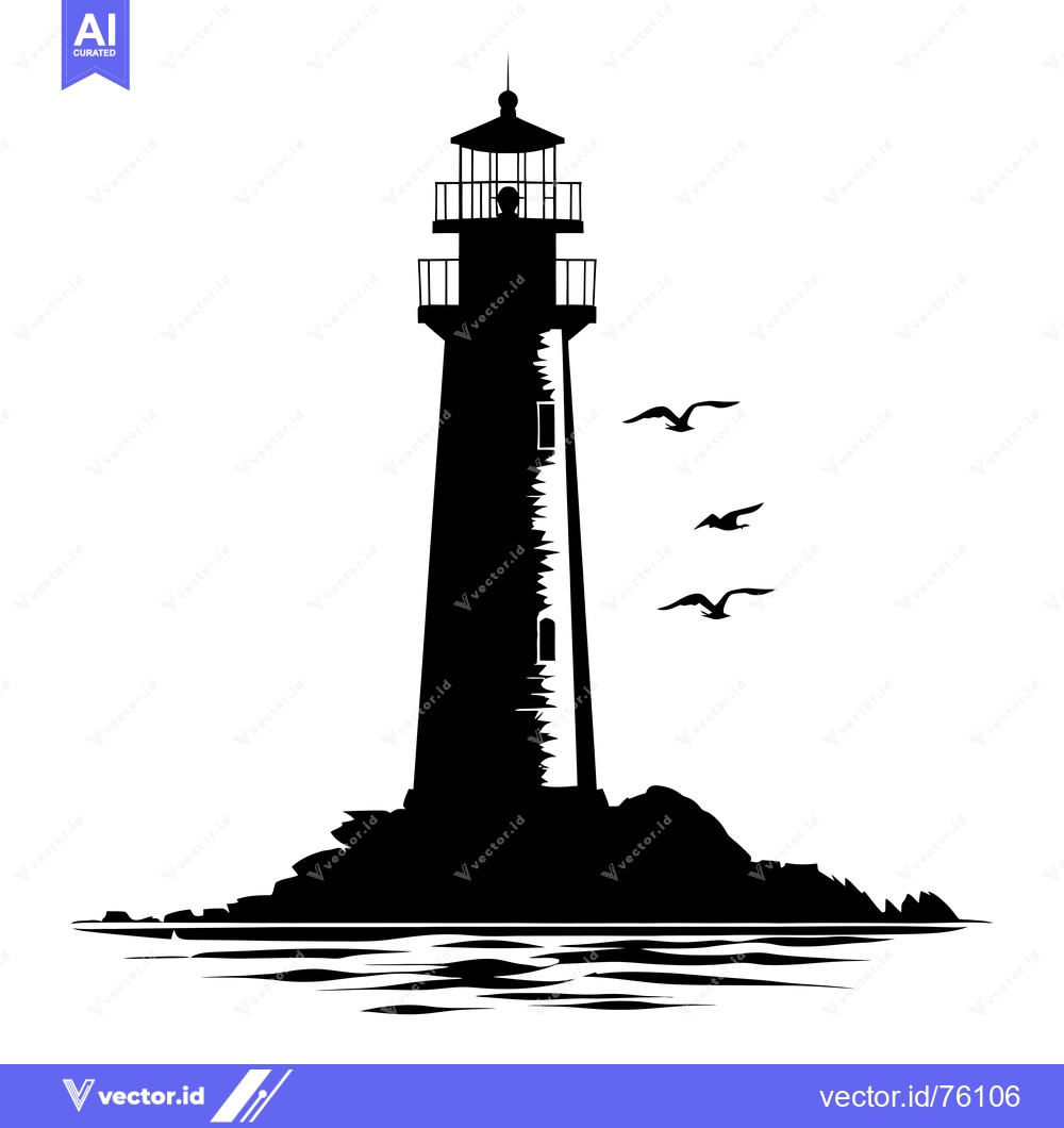 Premium Vector of A Black and White Silhouette of a Lighthouse on a Rocky Shore with Bir