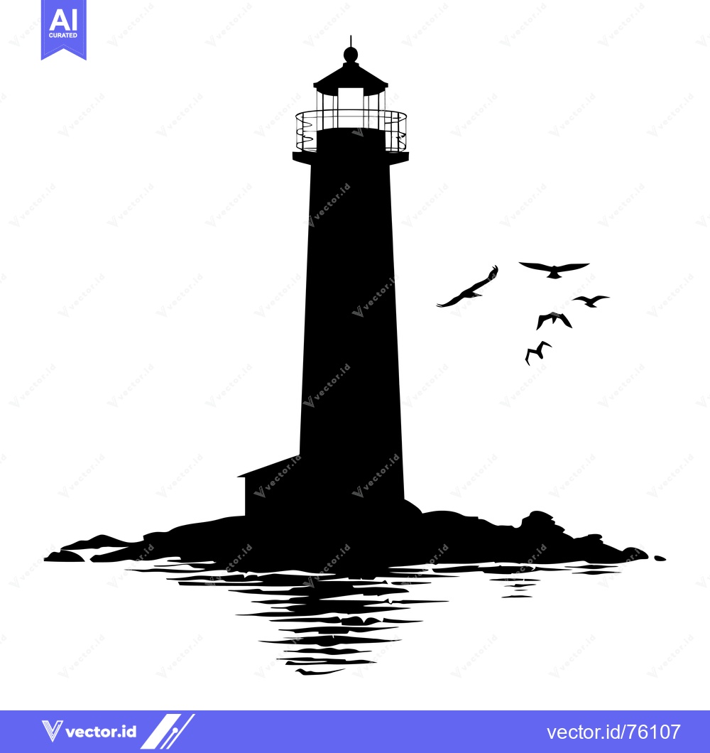 Premium Vector dari Silhouette of a Lighthouse on a Rocky Island with Birds Flying Overhea