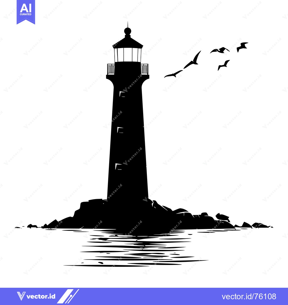 Premium Vector dari Silhouette of a lighthouse on a rocky island with birds flying overhea