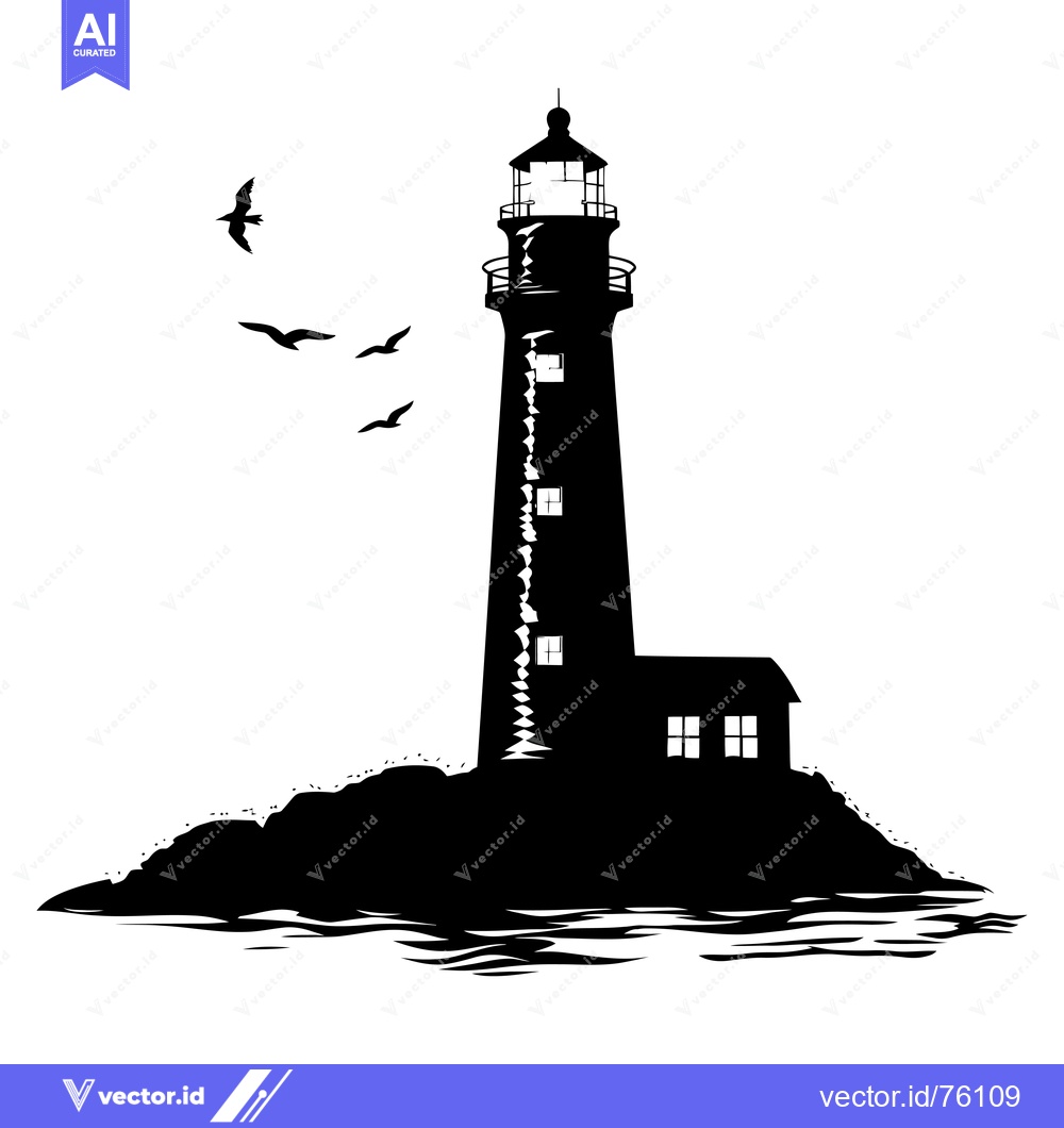 Premium Vector dari Black and White Silhouette of a Lighthouse on a Rocky Island with Bird