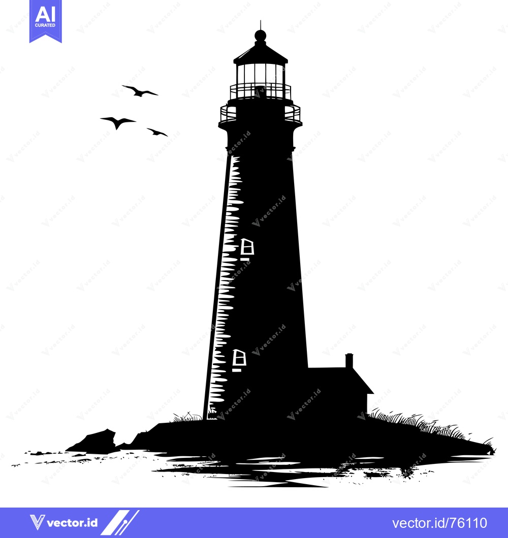 Premium Vector dari Silhouette of a lighthouse on a rocky coast with birds flying overhead