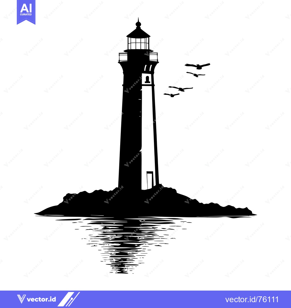 Premium Vector of Silhouette of a Lighthouse on an Island with Seagulls Flying Overhead
