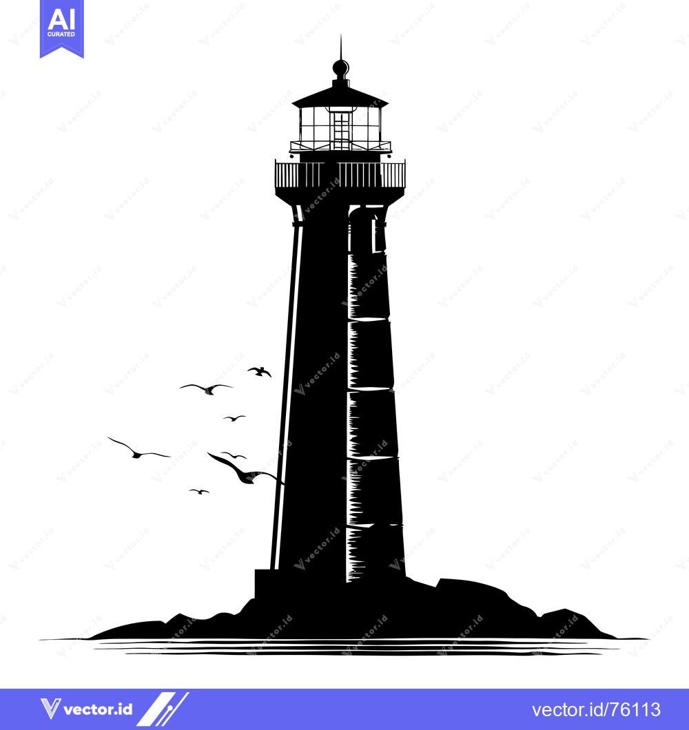 Premium Vector dari Black and white silhouette of a lighthouse on a rocky shore with birds