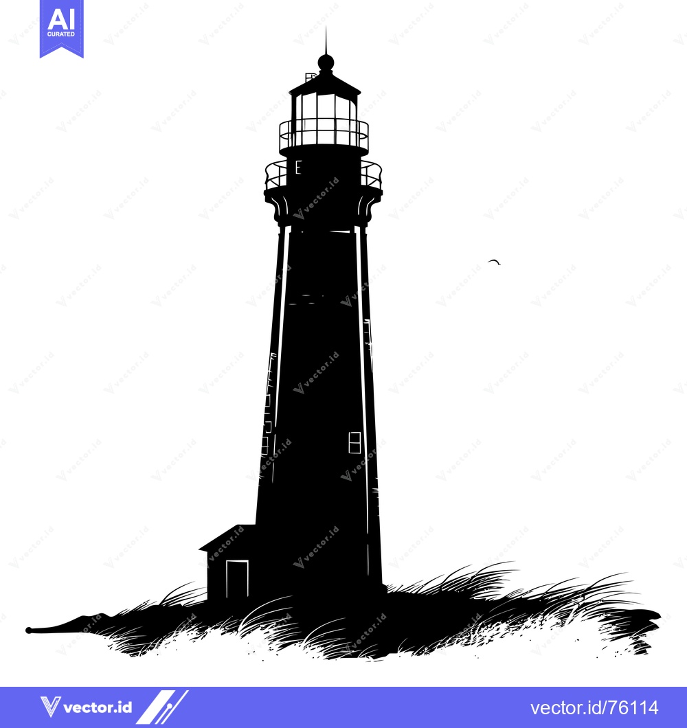 Premium Vector of Silhouette of a Tall Lighthouse with a Small Building and Grass in the