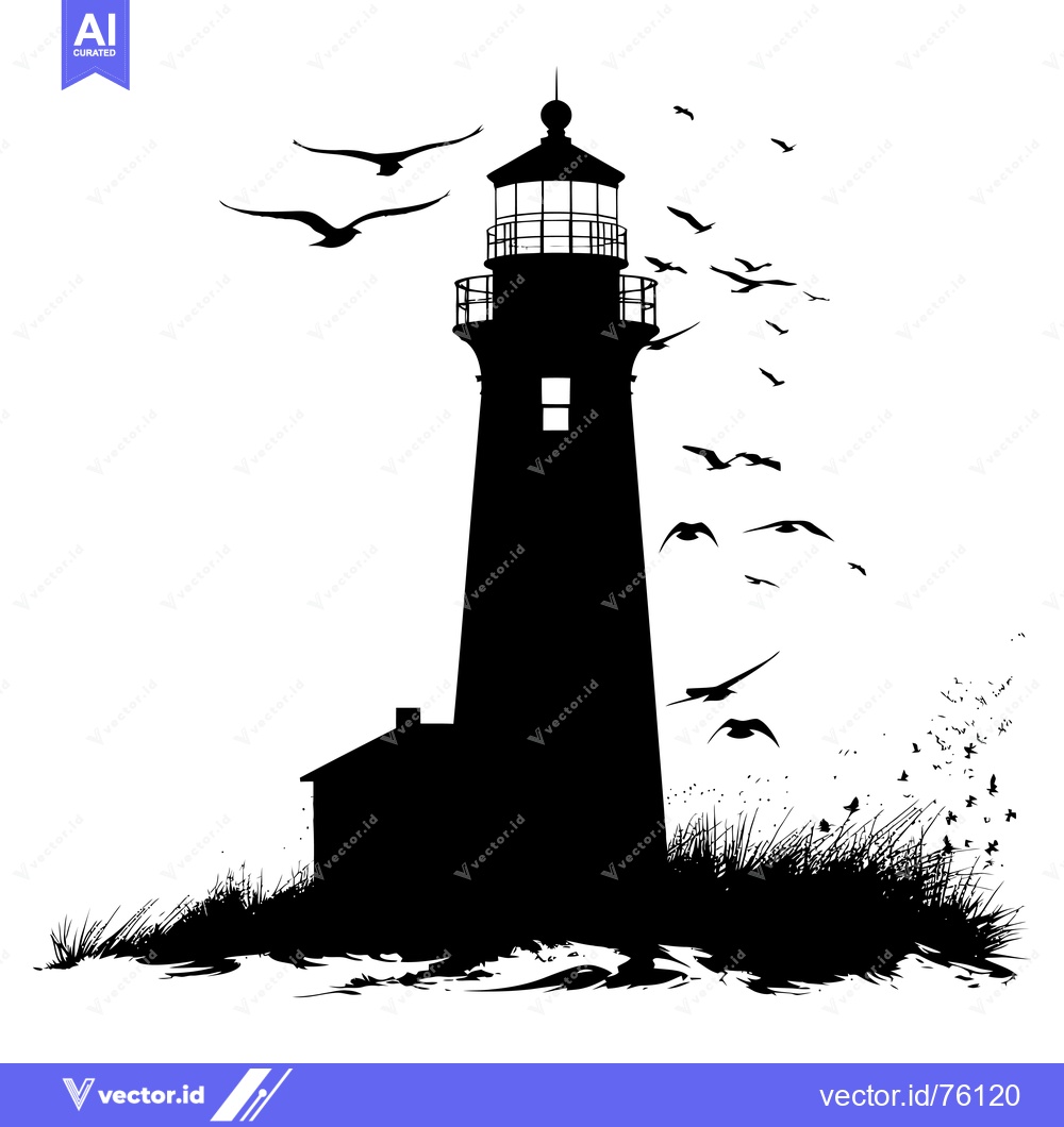 Premium Vector dari Silhouette of a Lighthouse with Birds Flying Around It