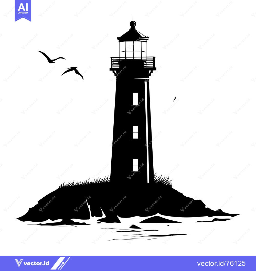Premium Vector dari Silhouette of a Lighthouse on a Rocky Island with Birds Flying Overhea