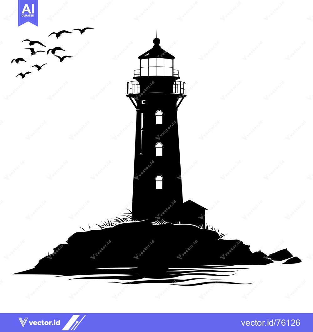 Premium Vector dari Black and white silhouette of a lighthouse on a rocky island with bird