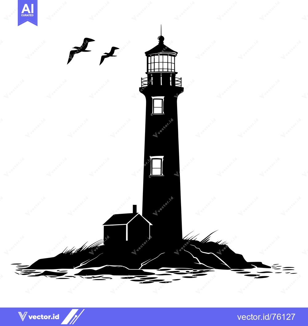Premium Vector dari Silhouette of a Lighthouse on a Rocky Island with Birds Flying Overhea