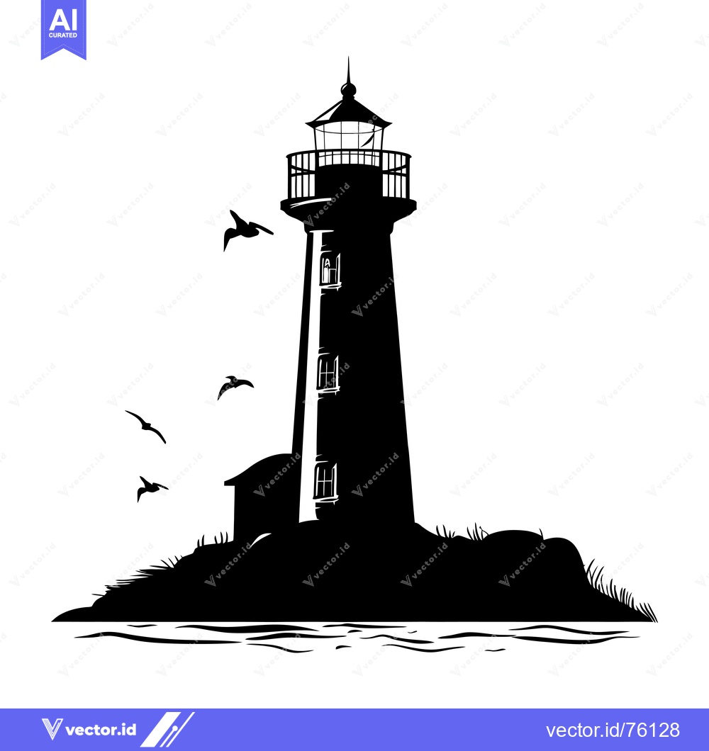 Premium Vector of Silhouette of a Lighthouse on a Rocky Island with Birds Flying Nearby