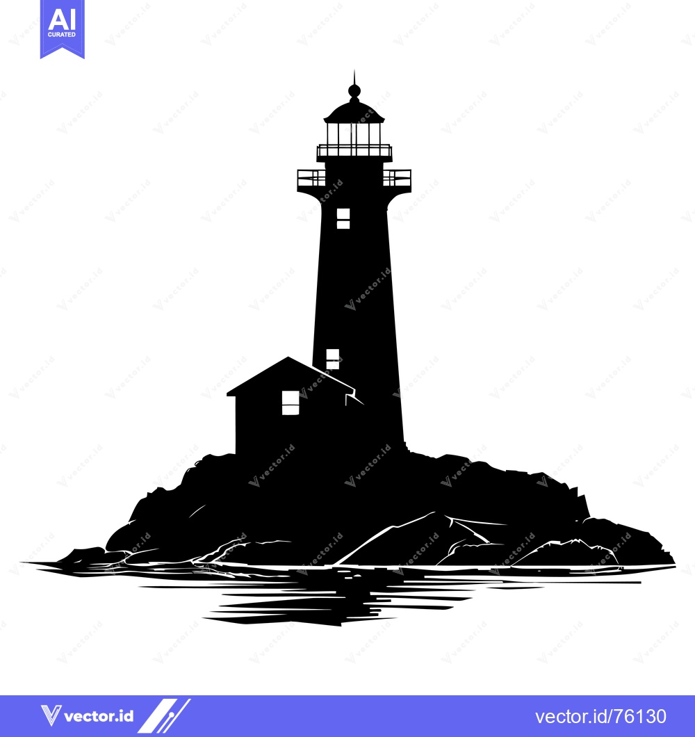 Premium Vector dari Silhouette of a lighthouse on a rocky island with water in the foregro
