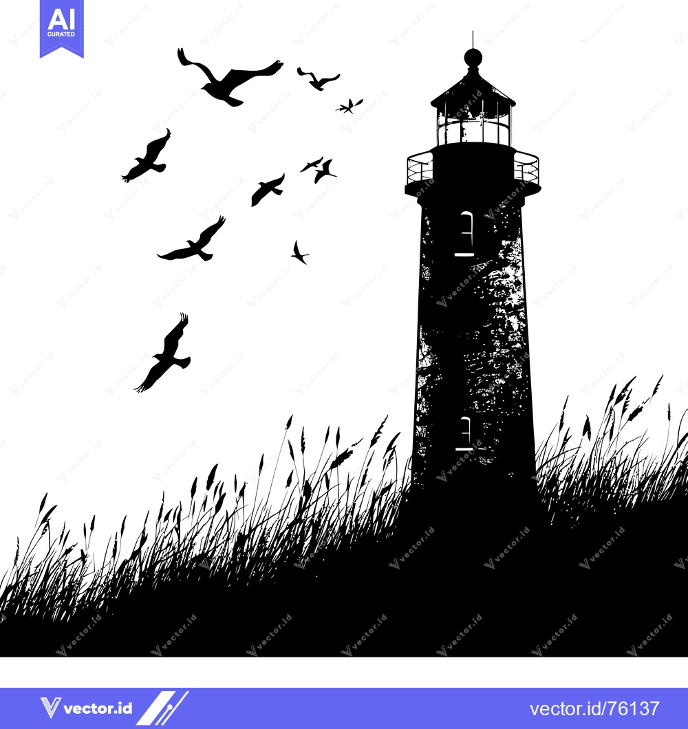Premium Vector dari Silhouette of a Lighthouse with Birds Flying Over Grass