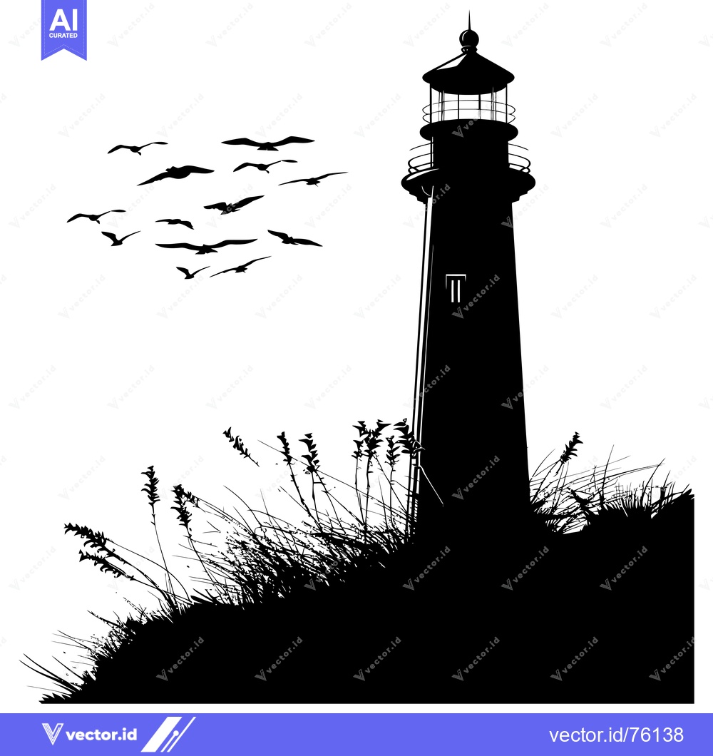 Premium Vector of Silhouette of a Lighthouse with Birds Flying Overhead and Grass in the