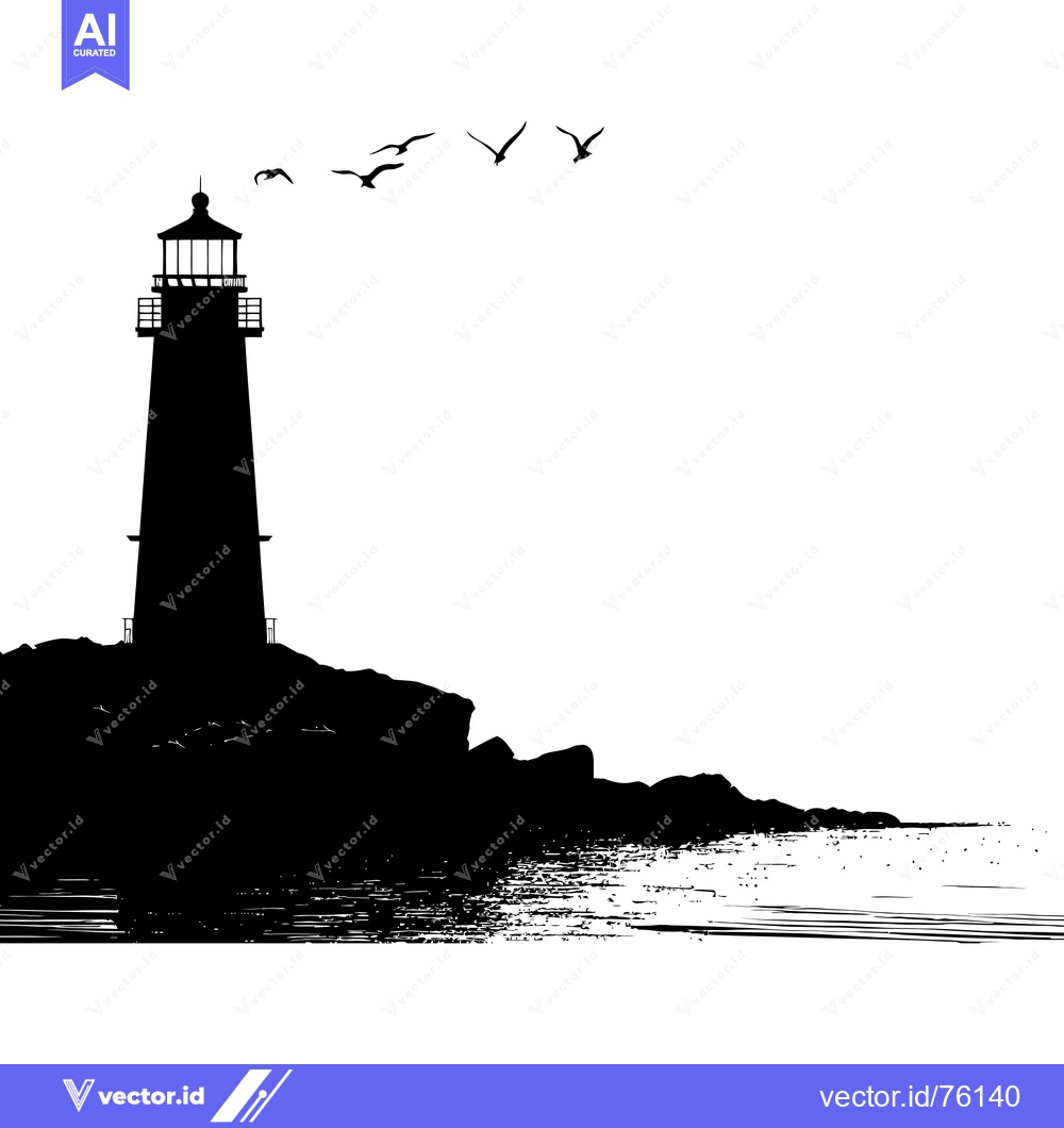 Premium Vector dari A Silhouette of a Lighthouse on a Rocky Coastline with Birds Flying Ov