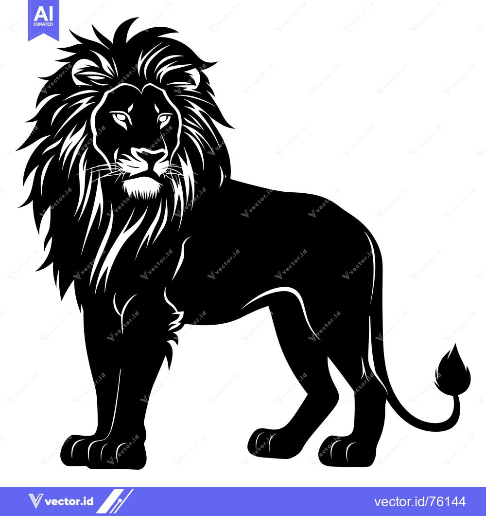 Premium Vector dari A black and white silhouette of a standing lion with a thick mane