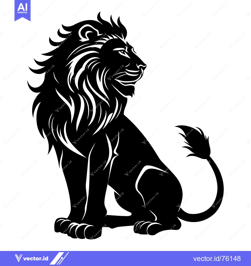 Premium Vector of Black and White Silhouette of a Lion Sitting with its Tail Curved