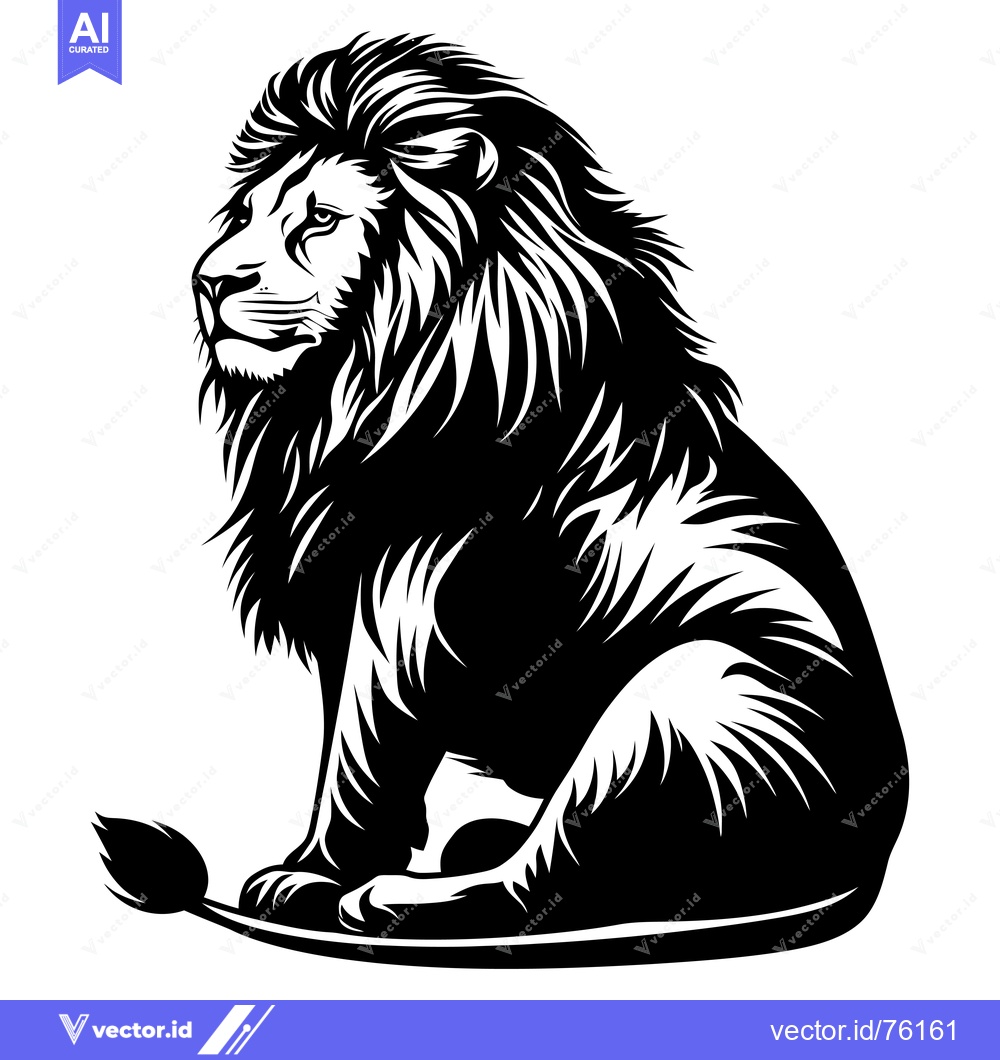 Premium Vector of A Black and White Illustration of a Sitting Lion with a Large Mane