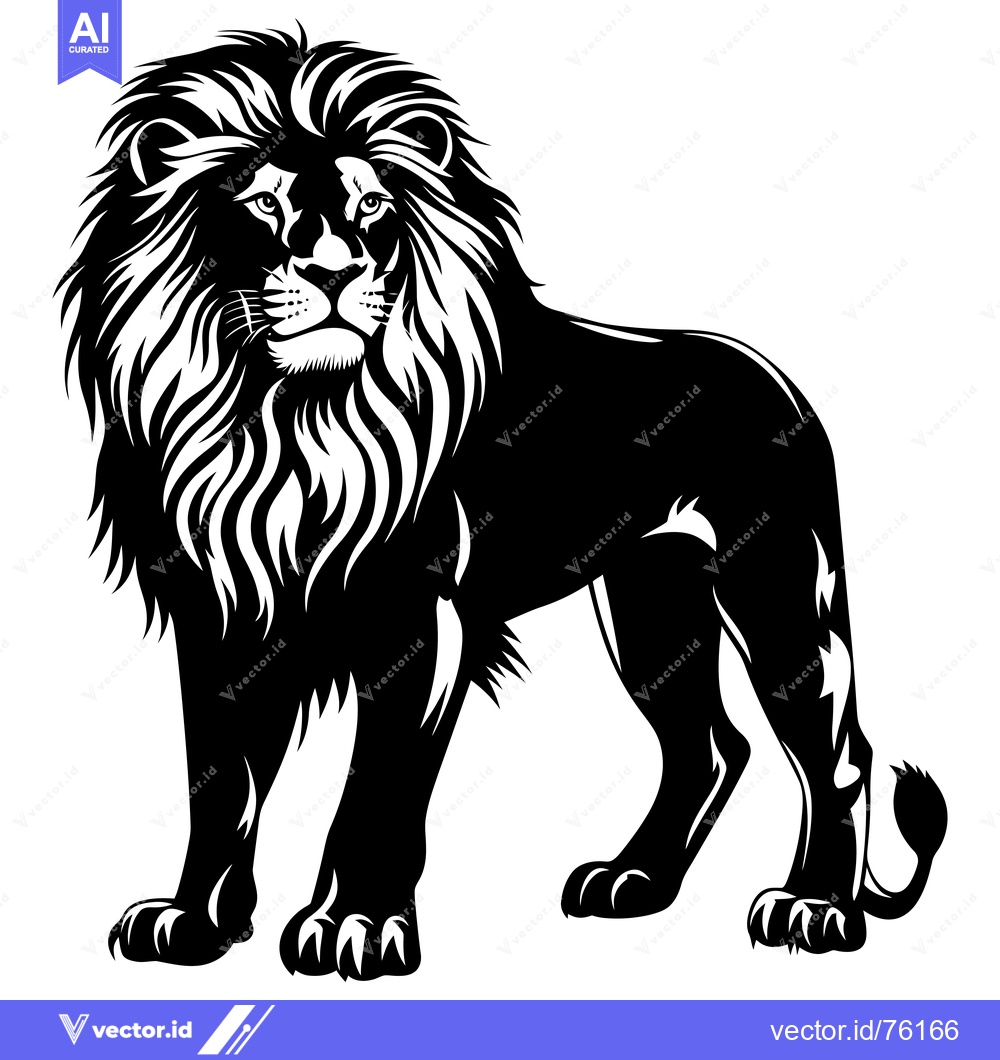 Premium Vector of Black and White Silhouette of a Standing Lion with a Majestic Mane