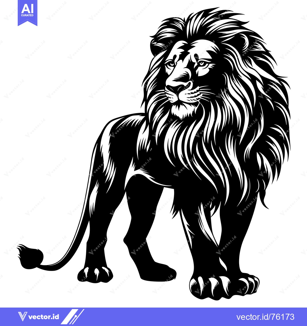 Premium Vector of Black and White Illustration of a Standing Lion