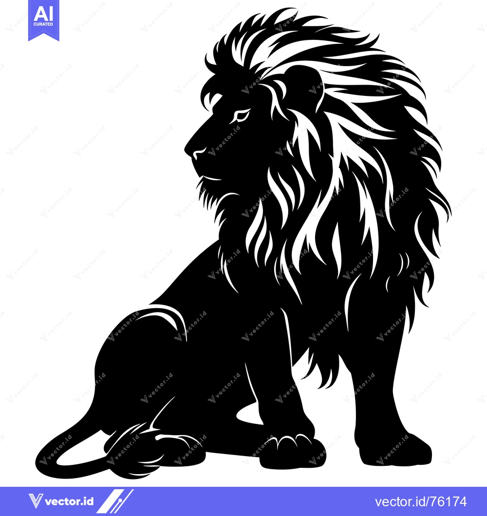 Premium Vector dari Black and White Silhouette of a Seated Lion with Detailed Mane