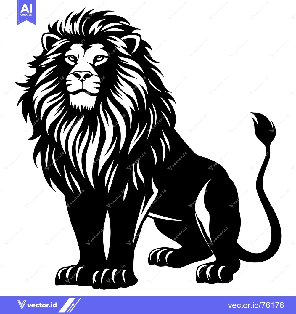 Premium Vector of A Black and White Illustration of a Sitting Lion with a Long Mane