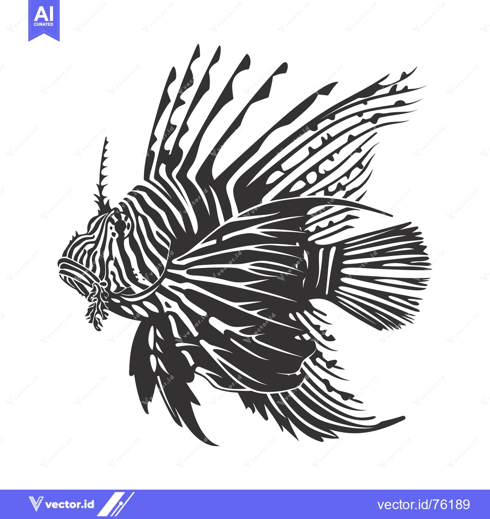 Premium Vector of Black and White Illustration of a Lionfish with Spines and Striped Pat