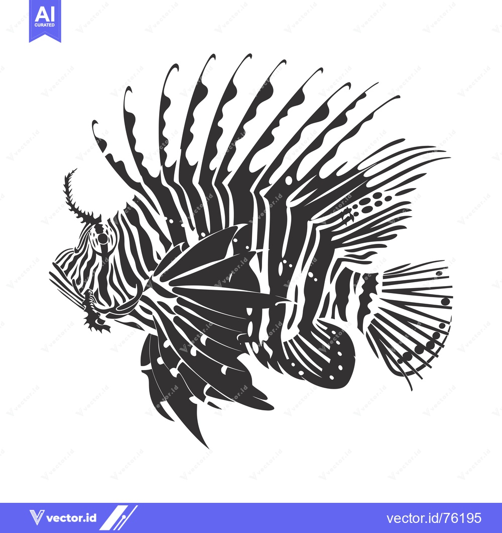 Premium Vector of Black and White Silhouette of a Lionfish with Striped Fins