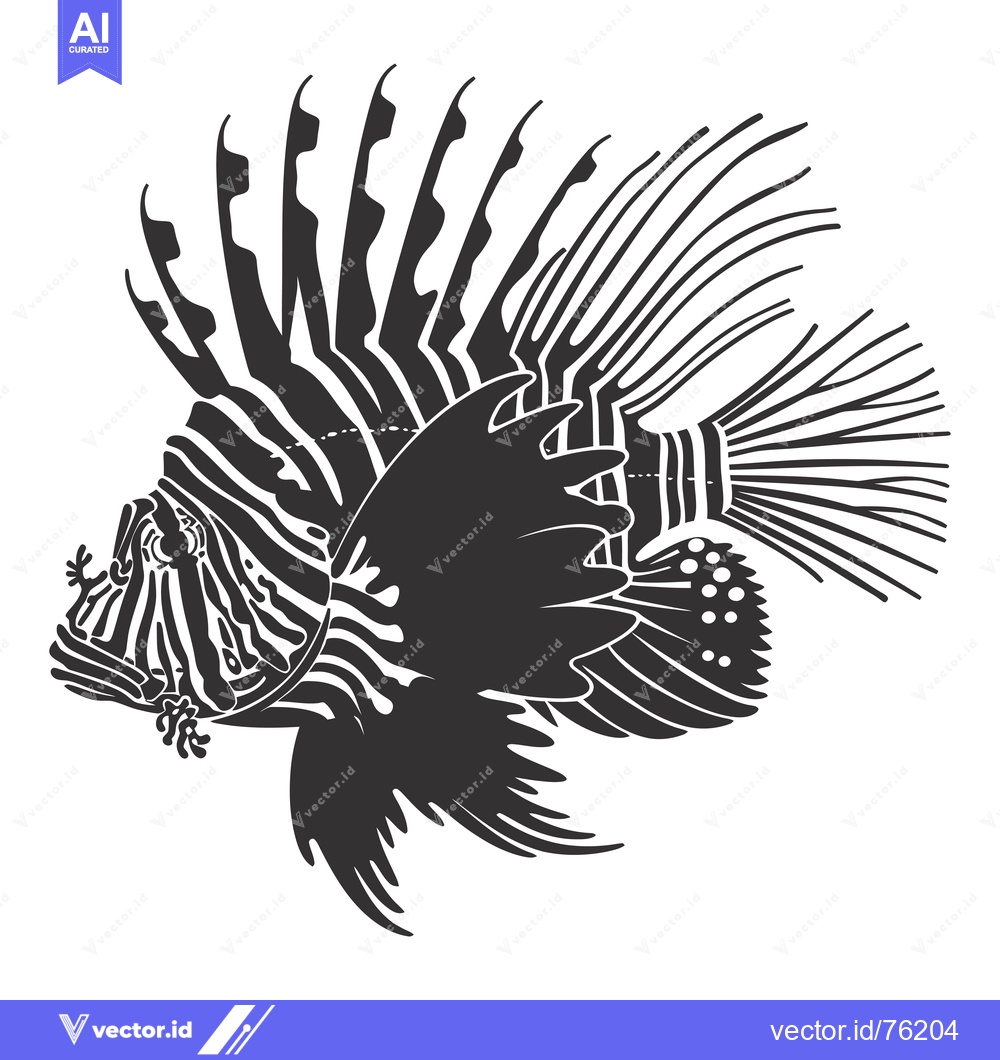 Premium Vector dari Black and White Silhouette of a Lionfish with Striped Fins