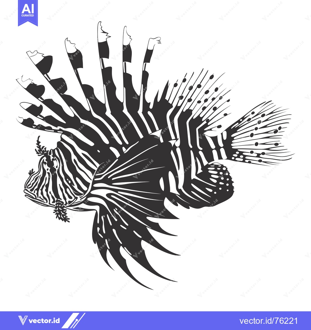 Premium Vector of Black and White Illustration of a Lionfish with Spines and Stripes