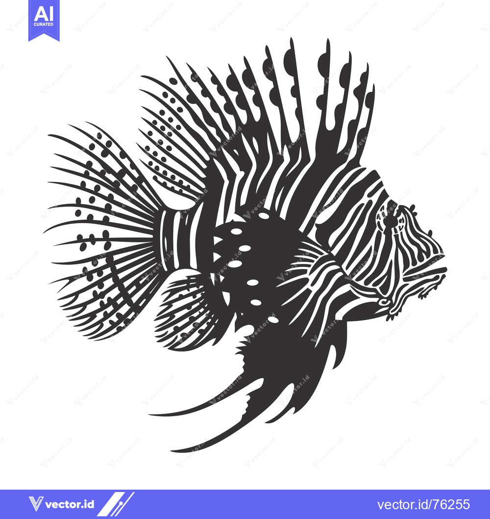 Premium Vector dari Black and White Silhouette of a Lionfish with Spines and Stripes