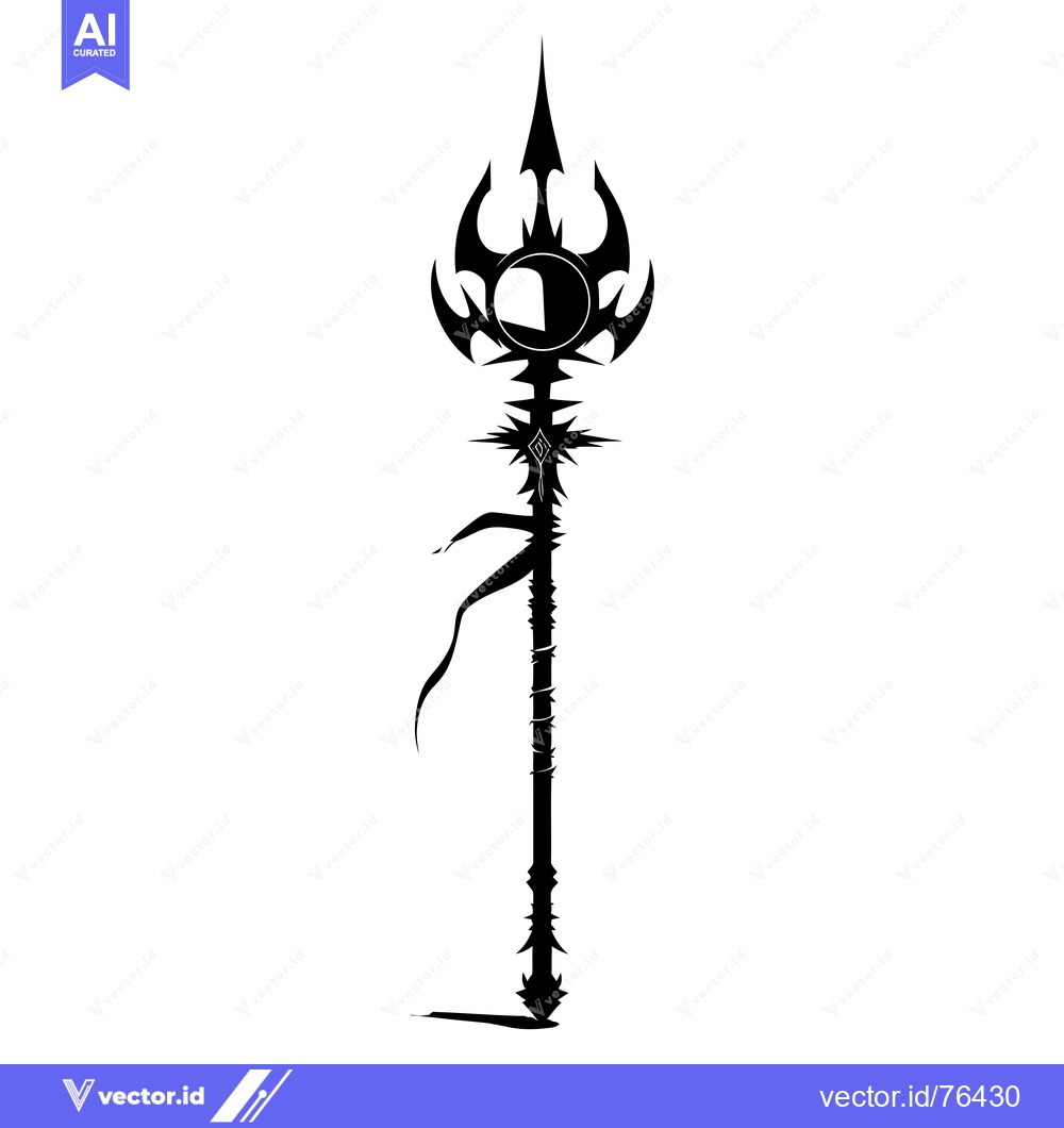 Premium Vector dari Black and White Silhouette of a Fantasy Staff with Spikes and a Ribbon