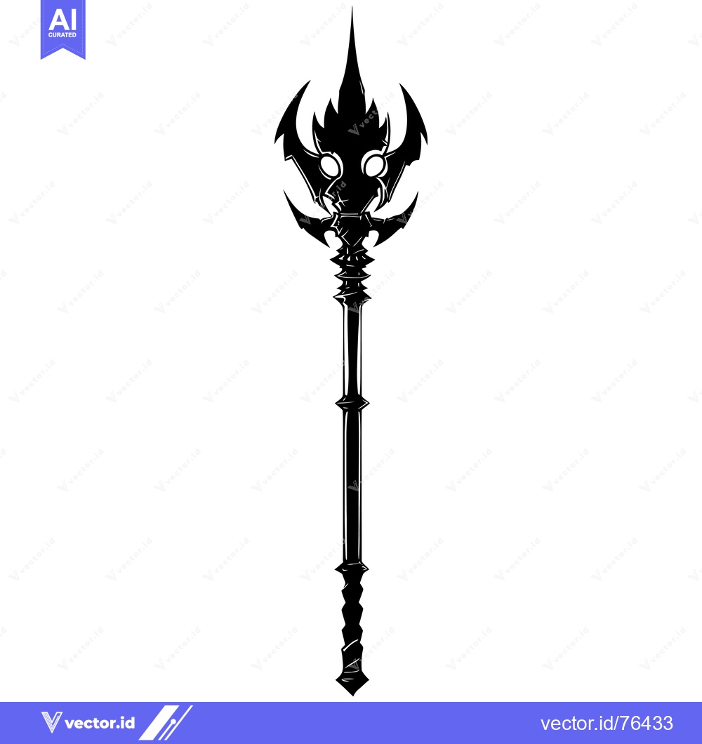Premium Vector of A Black and White Illustration of a Spiked Staff with a Skull-Like Des
