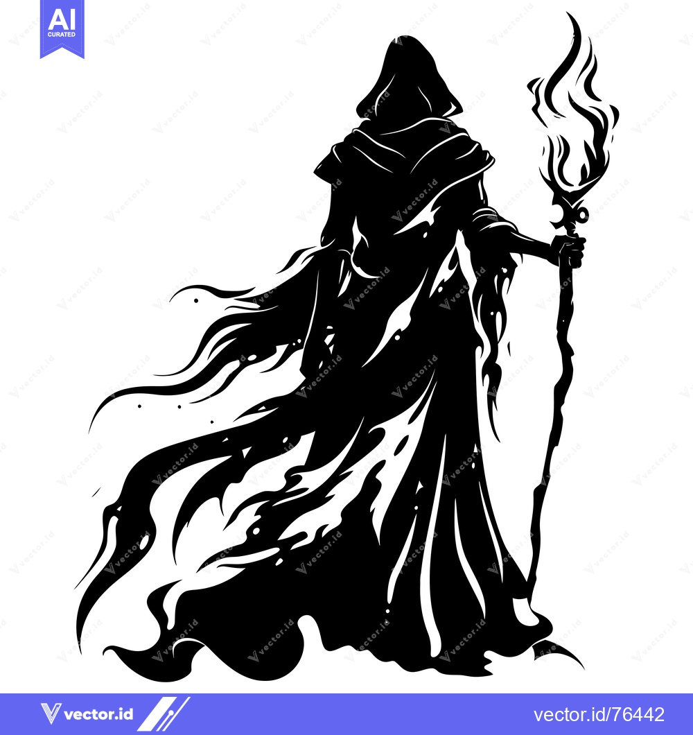 Premium Vector dari Silhouette of a hooded figure holding a flaming staff