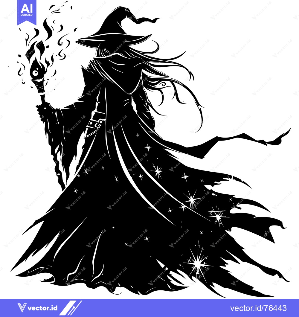 Premium Vector of Silhouette of a Witch with a Flaming Staff and Flowing Cape