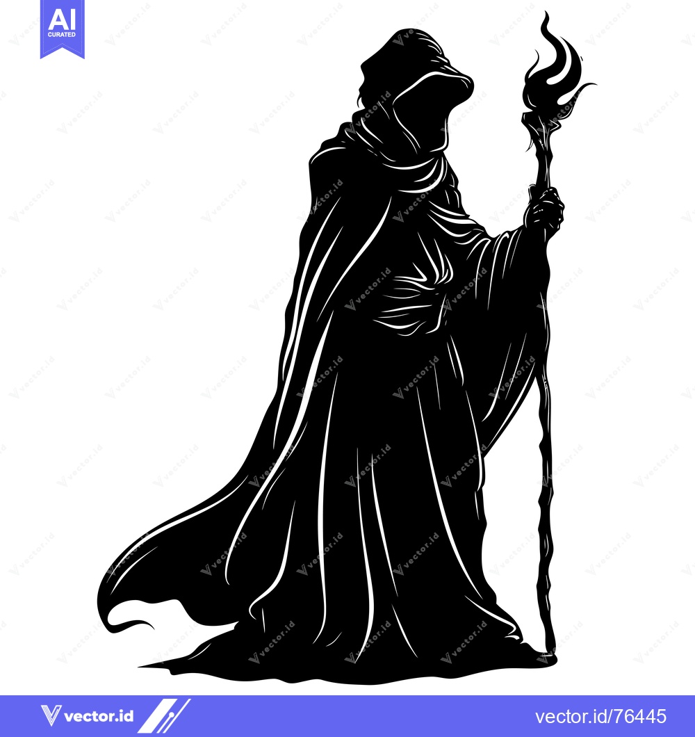 Premium Vector dari Silhouette of a cloaked figure holding a flaming staff